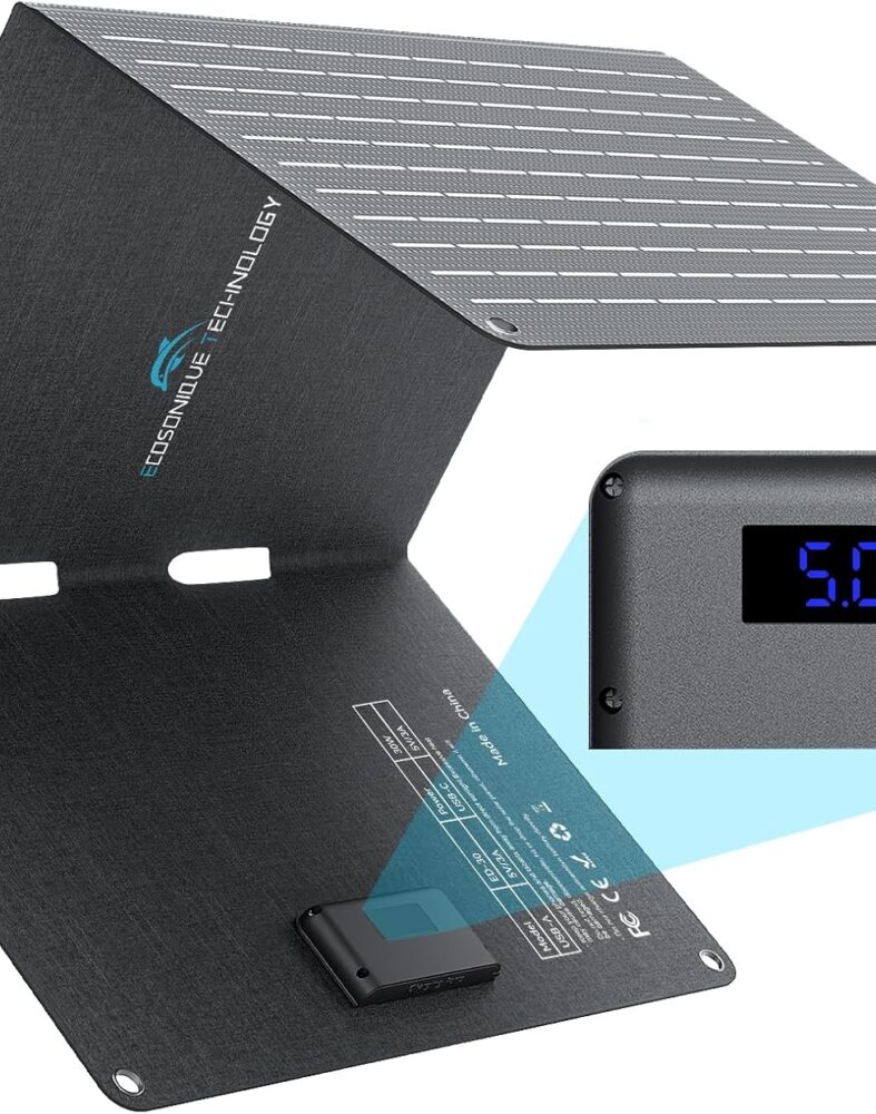 30W Portable Solar Panel Charger Smart Display with 5V USB-C & USB-A Output