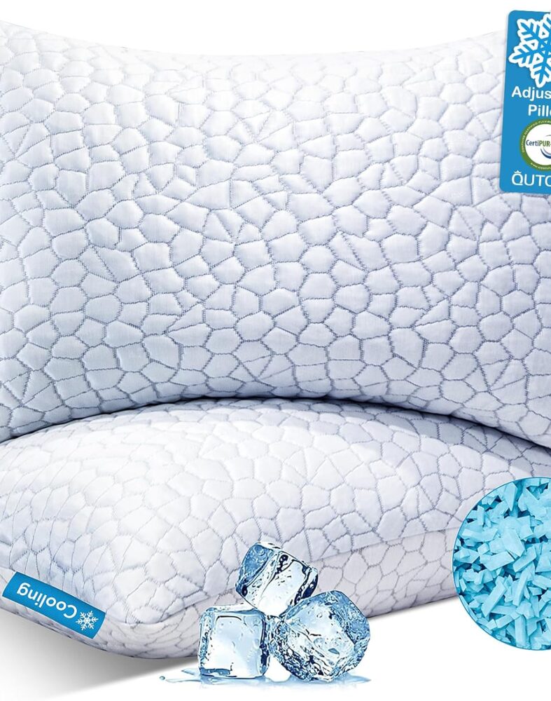 QUTOOL Cooling Pillow for Sleeping, CertiPUR-US Shredded Memory Foam Queen Pillows Set of 2, Cool Pillow for Hot Sleepers Adjustable Firm Pillow for Side, Back, Stomach Sleepers Soft Yet Support,White